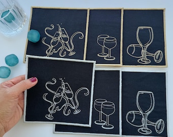 Custom Embroidered Linen Cocktail Napkins- Wine Glass Design-Personalized Party Coasters