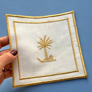 刺繍入りヤシの木と虎のカクテルナプキン - カスタムカラーリネンナプキン パーソナライズコースター刺繍 - ホステスギフト - バーカートアクセサリー