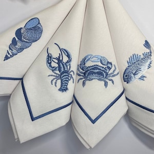 Embroidered Nautical Napkin Set-Yacht Decor Cloth Napkins-Blue And White Beach House Table Napkin-Seafood Napkin-Boat Napkin-Sea Shell-Crab