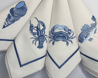 Embroidered Nautical Napkin Set-Yatch Decor Cloth Napkins-Blue And White Beach House Table Napkin-Seafood Napkin-Boat Napkin-Sea Shell-Crab