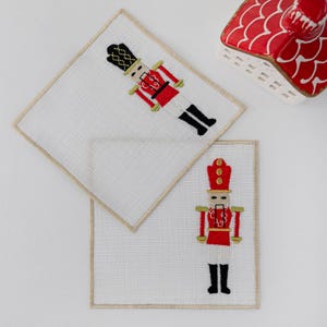Embroidered Nutcracker Linen Coasters- Christmas Drink Napkins