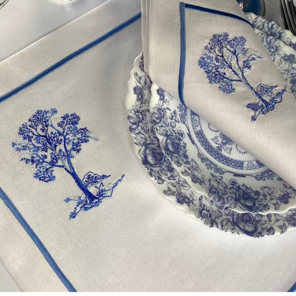 Geborduurde servet en placemat set - diner tafel servet set - witte doek placemat borduurwerk - blauwe Toile decoratieve servet - cadeau voor moeder