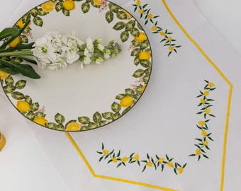 Lemon Embroidered Table Runner- White Linen Mediterranean Decor