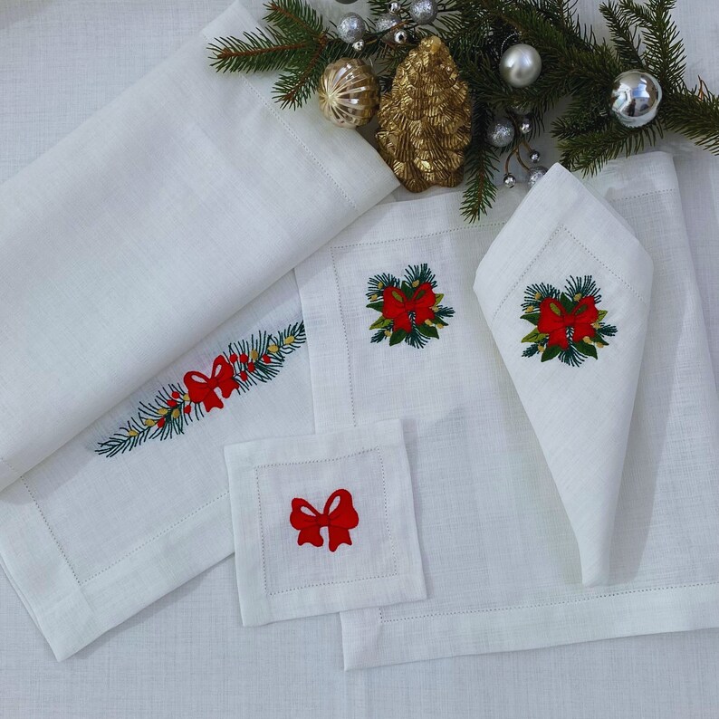 Christmas Embroidered Linen Placemat and Napkin Set Etsy Australia