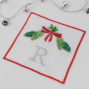 Personalized Christmas Cocktail Napkins- Embroidered Holiday Linen Coasters