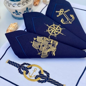 Embroidered Nautical Placemat and Napkin-Coastal Decor Cloth Napkins-Navy Blue White Beach House Decor-Seafood Napkin-Boat Napkin Gift