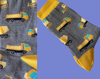 Socken„Baustellen Fahrzeuge “ grau melierte, Maruschko Socks, Damen und Herren Größe 36-41,42-45 und 46-49 Baumwolle,Polyamid,Elasthan