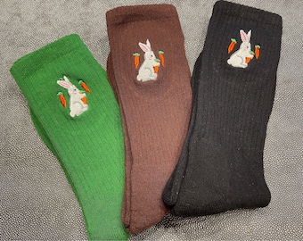 Hasen Stickerei Socken gerippt   „Hasen und karotten   “ unisex Größe tragbar von 39-46, Baumwolle,Polyamid,Elasthan ,