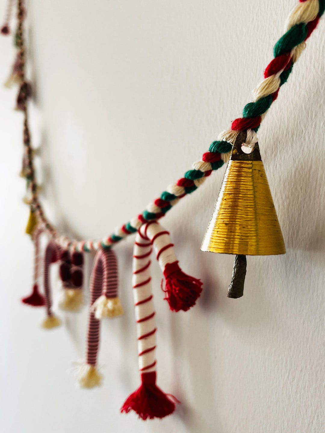 Christmas Garland With Bells – Handmade Holiday Yarn Decoration, Red ...