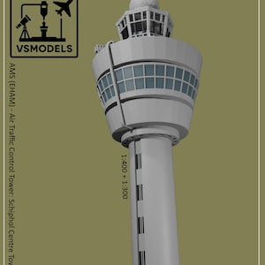 May include: A 3D model of an air traffic control tower, rendered in shades of gray. The tower has a cylindrical base with rectangular windows and a multi-level top section. The model includes the text "VSMODELS" and "AMS (EHAM) - Air Traffic Control Tower: Schiphol Centre Tower".
