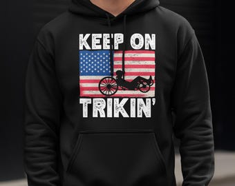 Recumbent Trike Hoodie, Three Wheel Bicycle Sweatshirt, Cycling Enthusiast Gift, Recumbent Rider Hooded Pullover