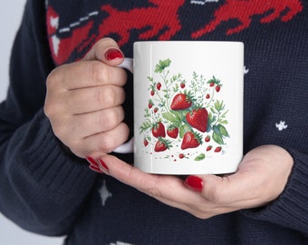 Strawberry Mug Ceramic botanic mug Strawberry plant Coffee Mug Berry tea mug nature enthusiasts and plant lovers mug Fruit Mug