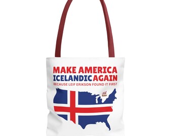 Funny Leif Erikson Viking Tote Bag, Humorous Viking themed bag, Make America Icelandic Again quote tote, Historical Humor Discovery bag.