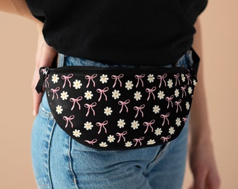 Coquette Pink Bows Fanny Pack, stijlvolle en functionele heuptas, esthetische lintstrikken en bloemenpatroon Heuptas, schattige heuptasje