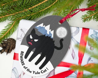 Yule Cat Christmas Ornament - Beware of the Vicious Yule Cat, the story of the Icelandic Yule cat on back. Scandinavian Christmas Folklore.