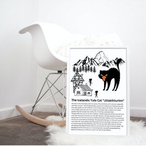 May include: Black and white illustration of a black cat with orange eyes, a house, and mountains. The text "The Icelandic Yule Cat "Jólakötturinn"" is below the image. The text explains that the Yule Cat is a creature in Icelandic folklore that eats people who haven't received new clothes for Christmas.