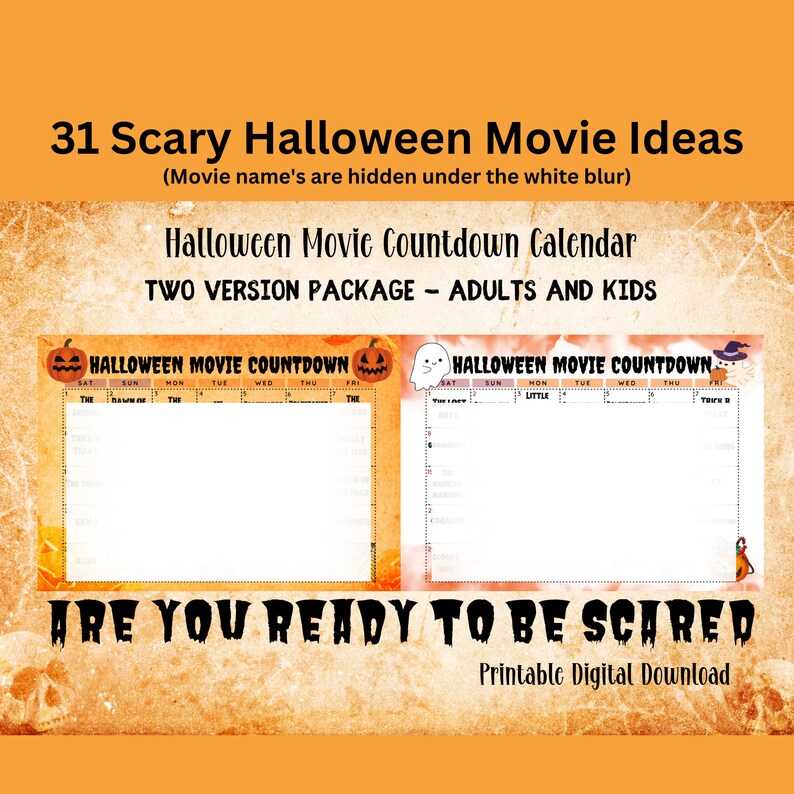 Halloween Movie Countdown Calendar Printable Advent Fun for Etsy