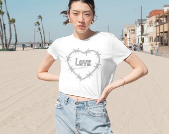 Edgy and Stylish Barb Wire Love cropped shirt, Unique Urban Women's Flowy Cropped Tee, stylish streetwear top trendy Love design croptop