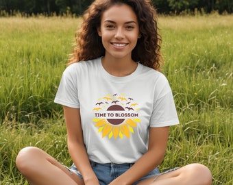 Spring T-shirt Time to Blossom tee Sunflowers and birds shirt, Nature inspired floral shirt, springtime apparel, garden theme t-shirt