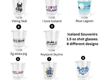 Icelandic Souvenir Shot Glasses | Set of 8 Designs | Collectible Shot Glass Set 1.5oz | Travel memorabilia shot glasses | travel gift ideas.