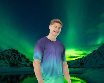 Aurora Borealis Men's t-shirt, Northern lights all-over print shirt, Unique Colorful star sky print Tee, Printed aurora borealis T-shirt