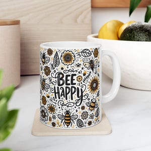 Bee Happy Ceramic Coffee Mug: Floral Spring Decor