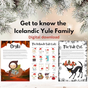 May include: A printable chart with illustrations of the Icelandic Yule Lads, Grýla, and the Yule Cat. The chart includes text describing each character. The text is in black and white, and the illustrations are in color.