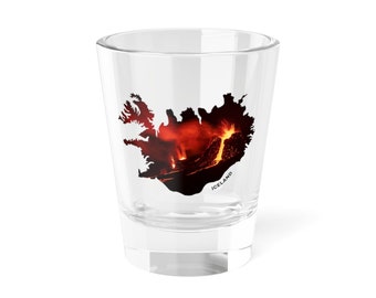 Iceland Volcano Shot Glass, Iceland Eruption Shot Glasses, Clear Glass, Sturdy Base, Iceland silhouette picture erupting volcano design.