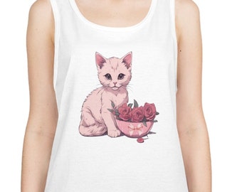 Cute Kitten Coquette Tank Top Adorable Sleeveless Shirt, Kitty lover apparel Coquette aesthetic shirt, Stylish cat graphic summer top
