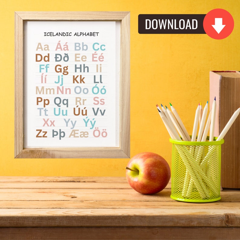 Icelandic Alphabet Poster and Alphabet song Rhyme Educational Nordic Language Wall Art Language Learning Decor Icelandic digital Poster art image 2