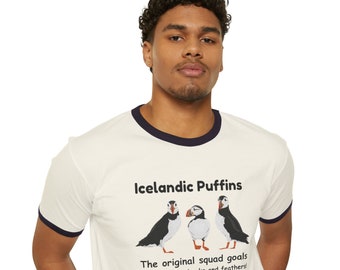 Icelandic Puffins Unisex Cotton Ringer T-Shirt Squad Goals Tee, Puffin lover apparel nature inspired tee, Iceland bird shirt souvenir