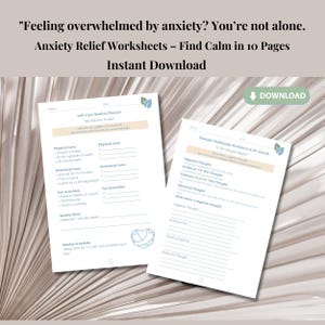 May include: Two printable worksheets for managing anxiety. The first worksheet is titled "Self-Care Routine Planner - My Self-Care Tools" and includes sections for physical care, emotional care, and fun activities. The second worksheet is titled "Thought Challenging Worksheet (CBT-Based) - Is That Thought Helpful?" and includes sections for identifying negative thoughts, evidence for and against the thought, and a balanced thought.