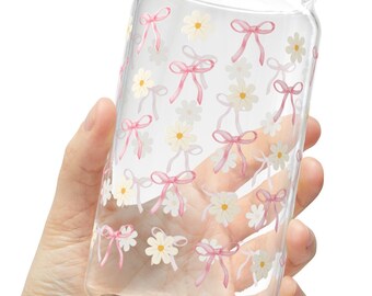 16 oz summer glass can with straw and lid, Libbey tumbler glass jar, pink bow daisy glass coffee can, Cottagecore Coquette design flower cup