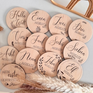Holzbaby monatliche Meilensteine | Babykarten aus Holz | erste Jahr Baby Karten | gravierte Baby Meilensteine | hallo world Scheibe | neues Baby Geschenk