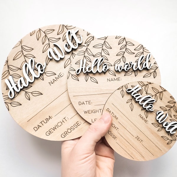 Hallo welt | hallo world | new baby birth announcement | wooden plaque sign gift baby shower | birth baby data | memory baby | engraved sign