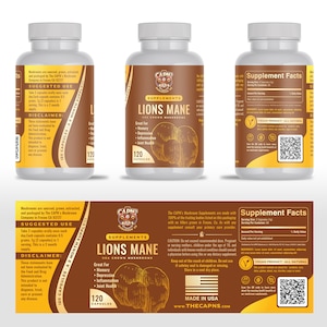 May include: A brown bottle with a white label that says "CAPN'S SUPPLEMENTS LIONS MANE USA CROWN MUSHROOMS" and has a drawing of a mushroom. The bottle is 120 capsules and is made in the USA. The label also says "Great For: Memory, Depression, Inflammation, Joint Health".