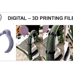 Puede incluir: La imagen muestra una representación 3D de un objeto gris curvado, junto con fotos de una estructura similar a una manguera verde y negra. El texto "DIGITAL - 3D PRINTING FILES" está en la parte superior. Los objetos parecen estar relacionados con la impresión 3D.