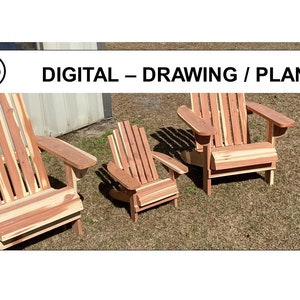 Peut inclure: Trois chaises Adirondack en bois de différentes tailles, avec le texte "DIGITAL - DRAWING / PLAN" au-dessus.