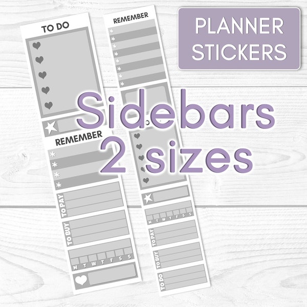 Neutral Sidebar Minimalist Printable Stickers | Gray Sidebar Fullbox To Do List Heartcheck Box Habit Tracker | Personal Erin Condren Weekly