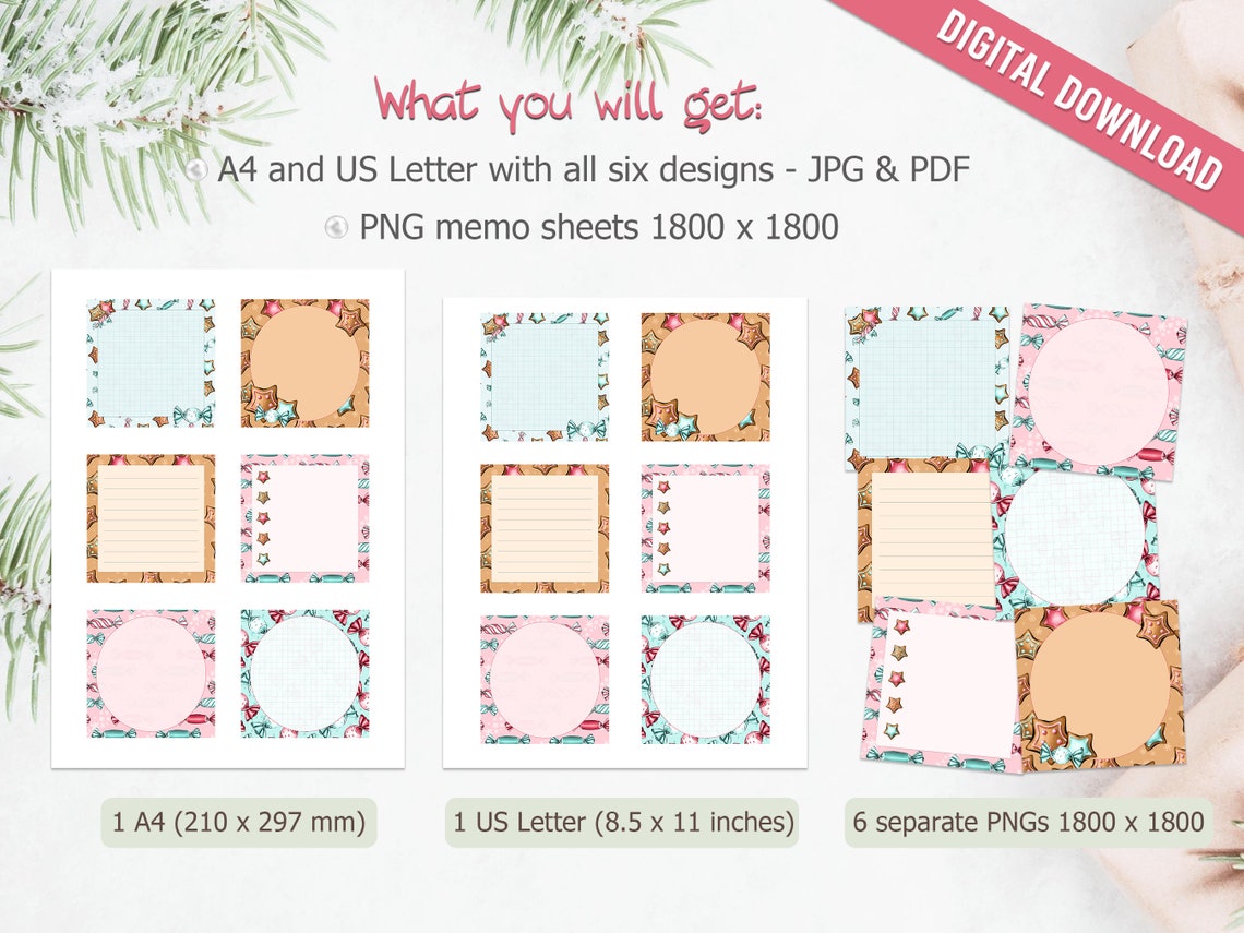 Gingerbread Note Design Printable Memo Sheets Christmas Holiday Gingerbread Notepads Stationery ...