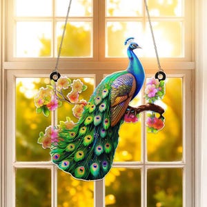 Peacock with Flowers Suncatcher Window Ornament | Acrylic Floral Bird Decor | Vibrant Gift for Peacock Lovers & Elegant Window Displays