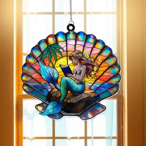 Mermaid Reading Book Acrylic Suncatcher Window Hanging, Suncatcher Ornament, Mermaid Reading Book Suncather Windows,  Suncatcher Gift Idea