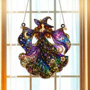 Fantasy Witch Acrylic Suncatcher Window Hanger, Gothic Magic Window Decor, Mystical Spell Artwork, Halloween Witch Lover Gift