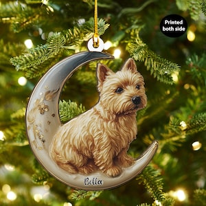以下が含まれることがあります： 三日月の上に座っている茶色の犬が描かれたクリスマスオーナメント。月は花の模様で飾られており、犬の名前「Bella」が下部に書かれています。オーナメントは金の紐から吊り下げられています。