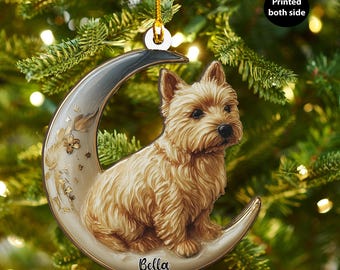Personalized Norwich Terrier Dog on Moon Ash Plywood Ornament Flat 2D Cutout Holiday Tree Decor Gift for Pet Lover, Families, Puppy Keepsake