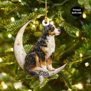Può includere: Un ornamento natalizio decorativo con un cane da montagna bernese seduto su una luna crescente. Il cane ha pelo nero, marrone e bianco. La luna è color crema con stelle dorate. Il nome "Bella" è scritto sulla luna.