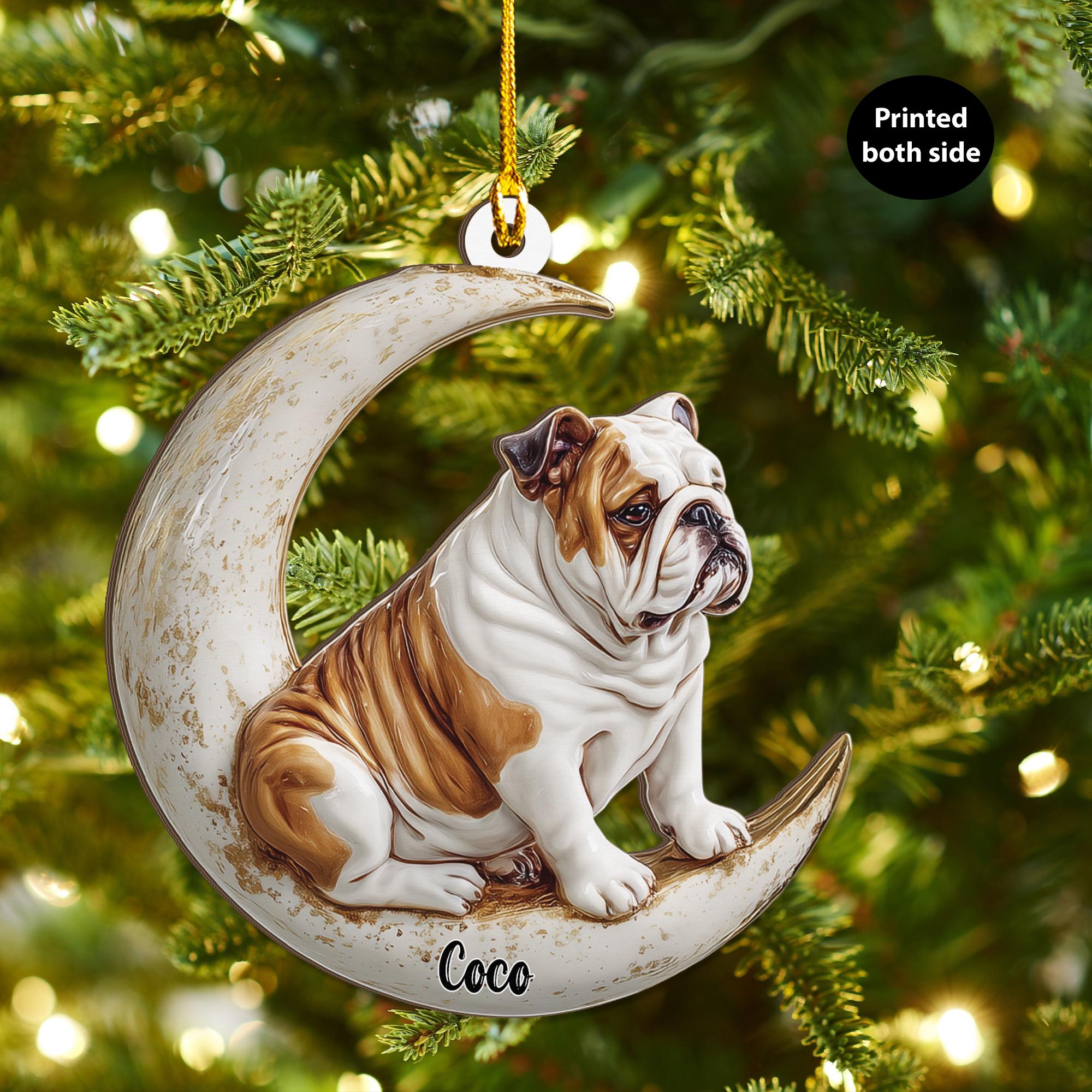 Personalized English Bulldog on Moon Ash Plywood Ornament Flat 2D