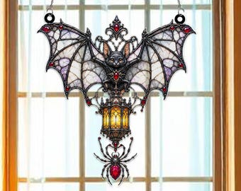 Gothic Bat Lantern Spider Halloween Acrylic Suncatcher Window Hanger, Dark Spooky Decor, Creepy Night Artwork, Witchy Gift