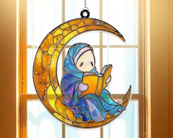 Ghost Reading Book on Moon Acrylic Suncatcher – Spooky Halloween Window Hanging | Cute Ghost Decor | Unique Gift for Book Lovers & Moon Fans