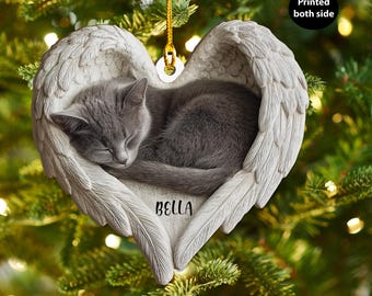 Personalized Gray Cat Angel Ash Plywood Ornament, Flat 2D Holiday Tree Decor Gift for Cat Lovers, Pet Memorial Families Keepsake Gift Idea